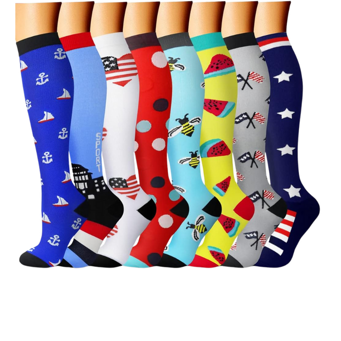 Pack Of 8 Printed Pattern Compression Socks